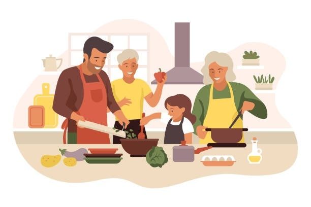Familj lagar middag tillsammans i köket utan skärmar