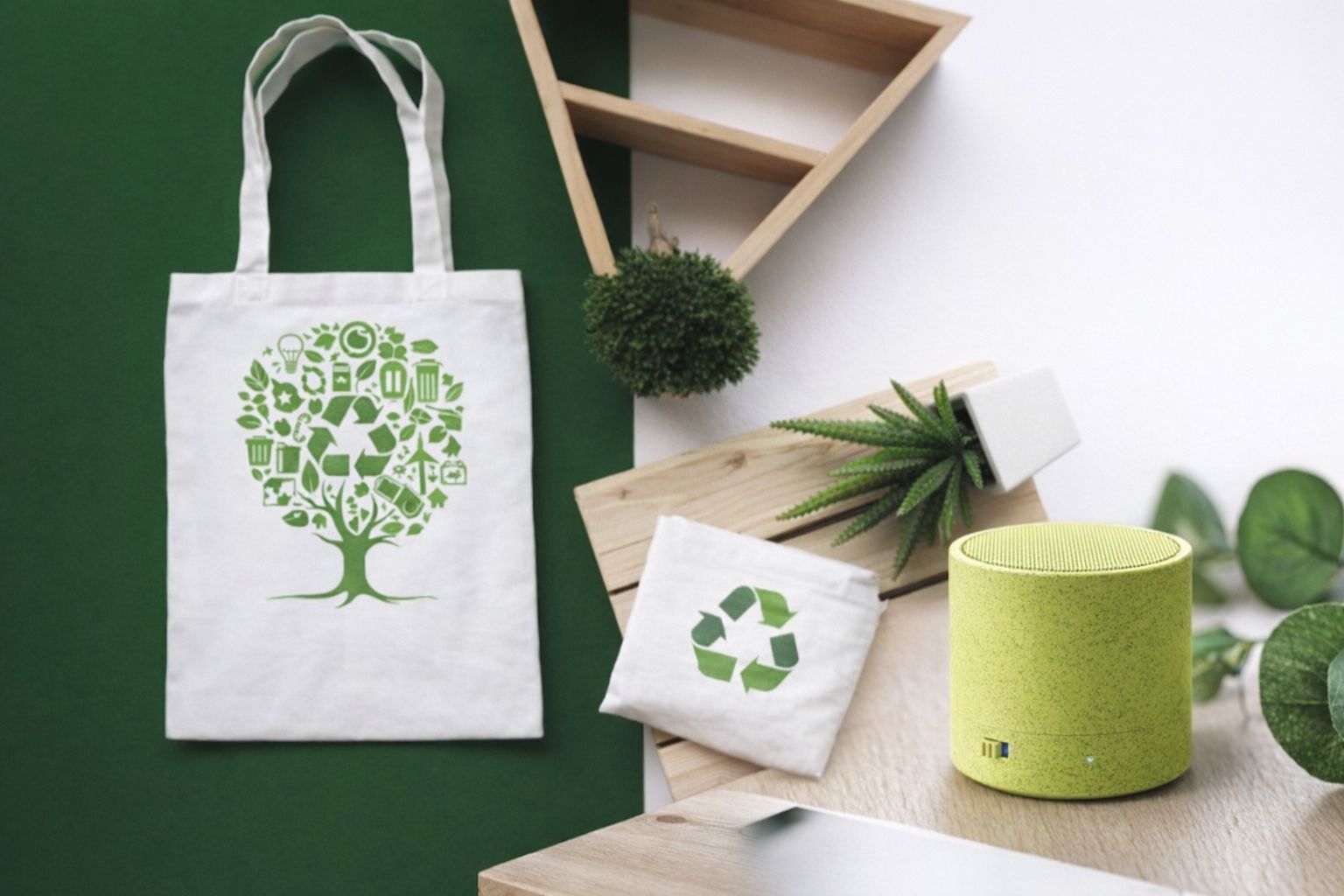Miljövänliga profilprodukter som tygkasse och högtalare med tryck.