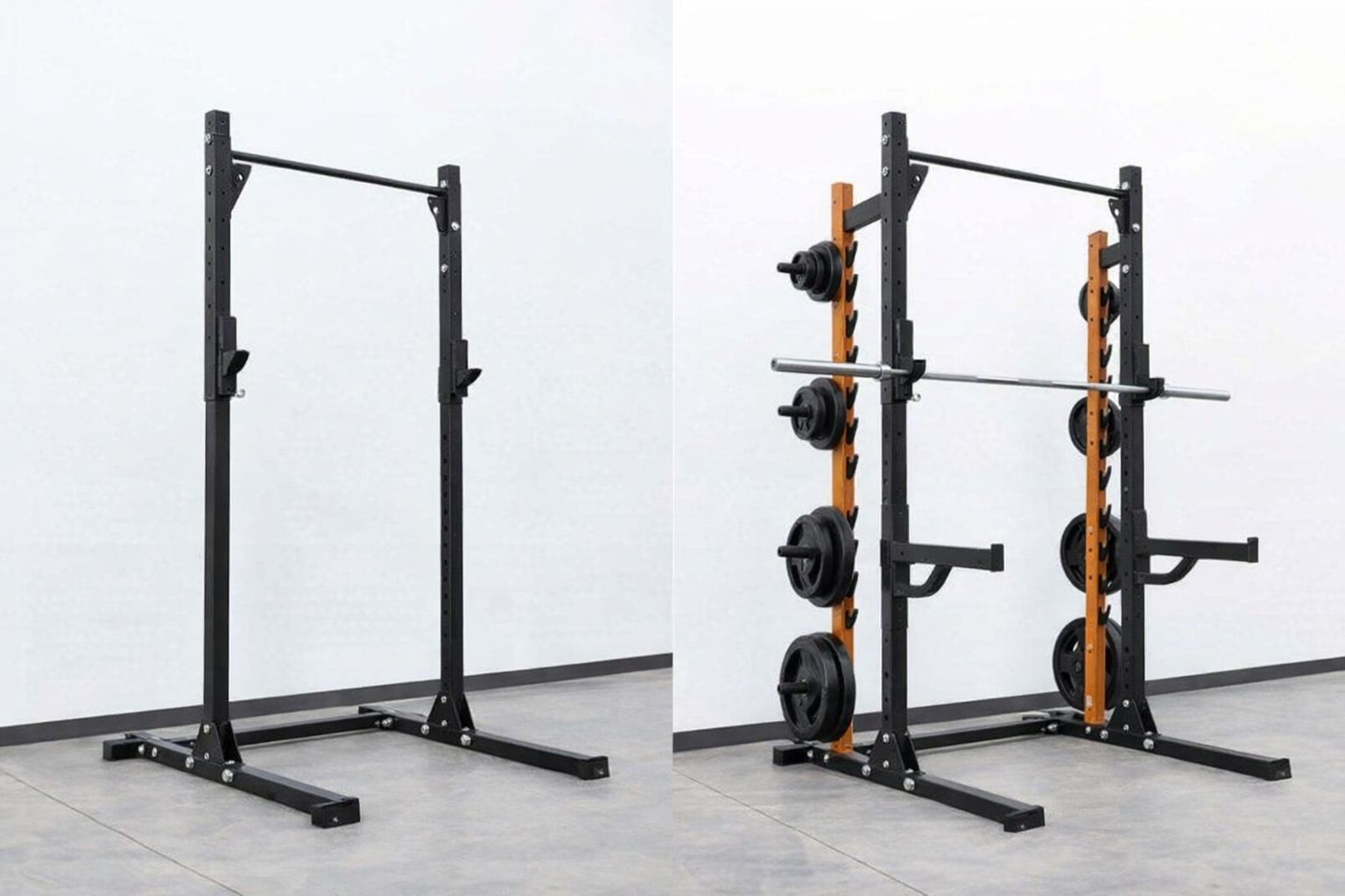 Två varianter av squat rack från Gorilla Sports för hemmagym.